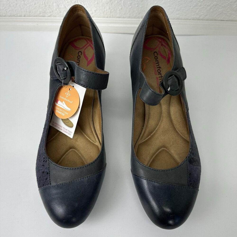Women's Comfortiva 10 M Alora Mary Jane Pump Heel Steel Blue Leather office